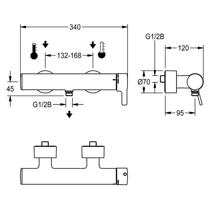 KWC UP-Brausethermostat KWC AR Thermostat-Wandbatterie, F5, EHM, für Handbrause, Option C-Modul -  - Technische Zeichnung: Verchromte Wand-Duscharmatur mit zwei Griffen, G1/2B Anschlüssen und Maßen.