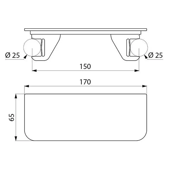 Delabie UP-Brausethermostat Delabie Ablage für Zweigriff-Thermostat-Brausearmaturen -  - Technische Zeichnung eines rechteckigen Bauteils, 170x65 Einheiten, mit zwei Ø 25 runden Befestigungen und einem Innenabstand von 150 Einheiten.