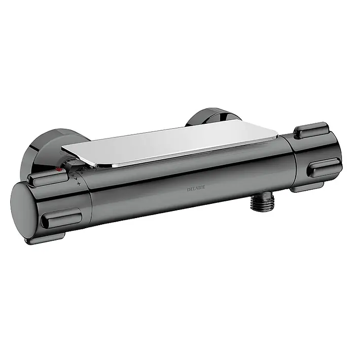 Delabie UP-Brausethermostat Delabie Ablage für Zweigriff-Thermostat-Brausearmaturen -  - Dunkelmetallische Thermostat-Brausearmatur mit polierter Chromablage, inklusive Temperatur- und Mengenregelung.