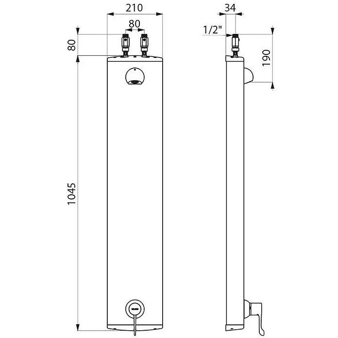 Delabie UP-Brausethermostat Delabie DU-Elem. SECURITHERM Therm.sequentiell,flexible Schläuche,BEL -  - Technische Zeichnung eines rechteckigen Warmwasserspeichers, Vorder- und Seitenansicht, mit detaillierten Maßen.