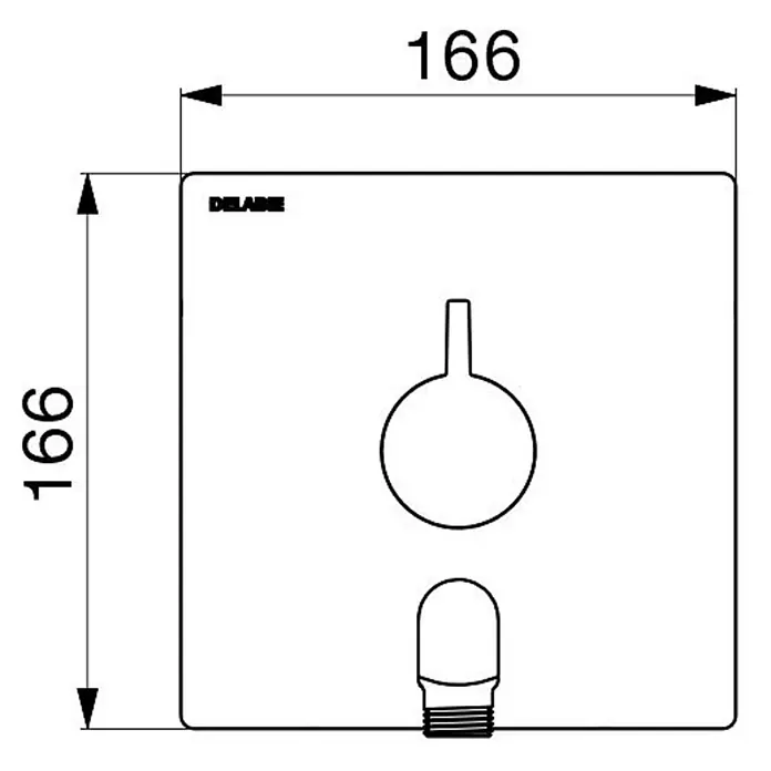 Delabie UP-Brausethermostat Delabie Br. SECURITH. UP dicht + Anschlussbogen, 2/2 - +H96CBOX - Quadratische Duscharmatur-Bedienblende, 166x166 mm, mit zwei runden und länglichen Bedienelementen.