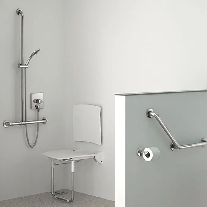 Delabie UP-Brausethermostat Delabie Br. SECURITH. UP dicht + Anschlussbogen, 2/2 - +H96CBOX - Barrierefreies Bad mit Edelstahl-Haltegriffen, Handbrause, weißem Klappsitz und Toilettenpapierhalter.