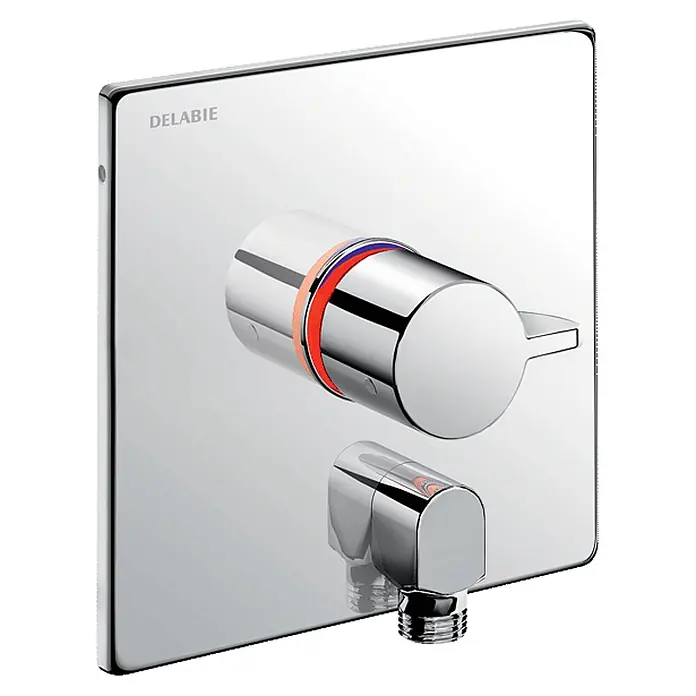 Delabie UP-Brausethermostat Delabie Br. SECURITH. UP dicht + Anschlussbogen, 2/2 - +H96CBOX - Verchromte Duscharmatur mit quadratischer Rosette, Thermostat und Auslaufhahn.