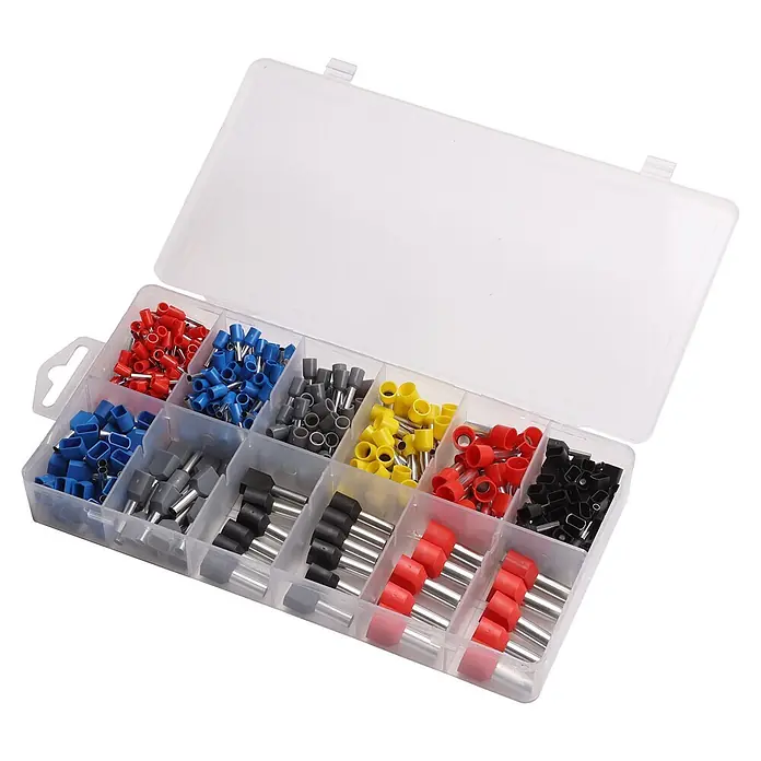 Electraline Caja de punteras huecas - 430 ud. - Una caja de plástico transparente con punteras terminales eléctricas aisladas surtidas en rojo, azul, gris, amarillo y negro.