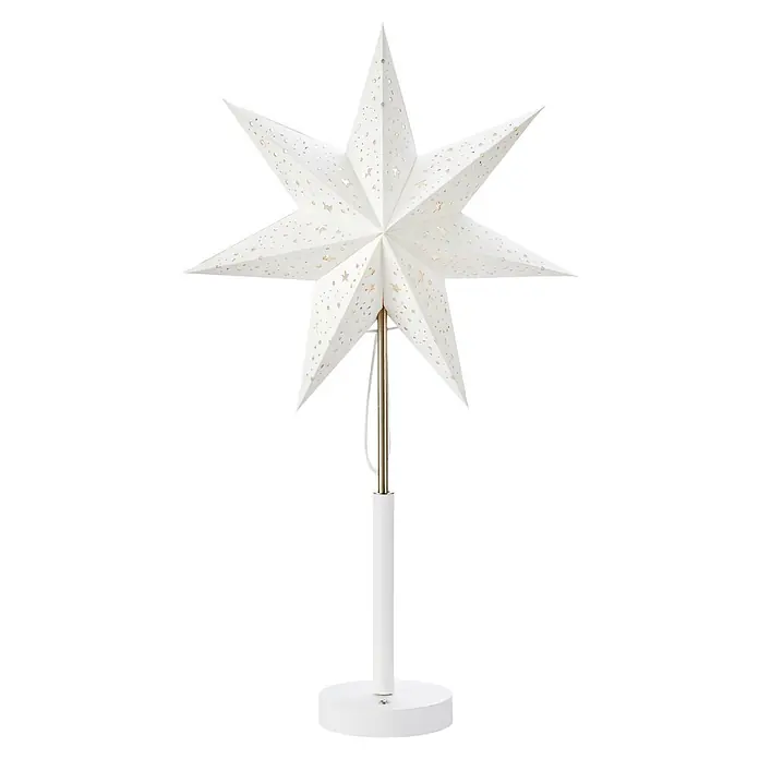 Markslöjd Standstern Noella - Ø x H: 35 x 62 cm, Weiß, LED, Akkubetrieben - Weißer sternförmiger Dekoleuchte mit Ausstanzungen, goldenem Ständer und weißem Fuß.