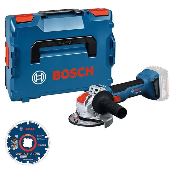 Bosch Professional AMPShare 18V Akku-Winkelschleifer GWX 18V-8 - Ohne Akku, Durchmesser Scheibe: 125 mm - Bosch Akku-Winkelschleifer-Set mit blauem L-Boxx Koffer, blau-schwarzem Schleifer und X-LOCK Trennscheibe.