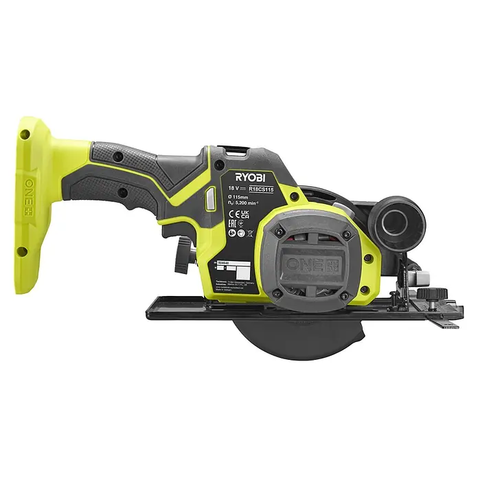 Ryobi ONE+ Akku-Handkreissäge R18CS115 - 18 V, Ohne Akku, Durchmesser Sägeblatt: 115 mm, 5.200 U/min - Ryobi 18V R18CS115 Akku-Kreissäge in Gelb-Grün und Dunkelgrau mit sichtbarem Blattschutz und Griff.