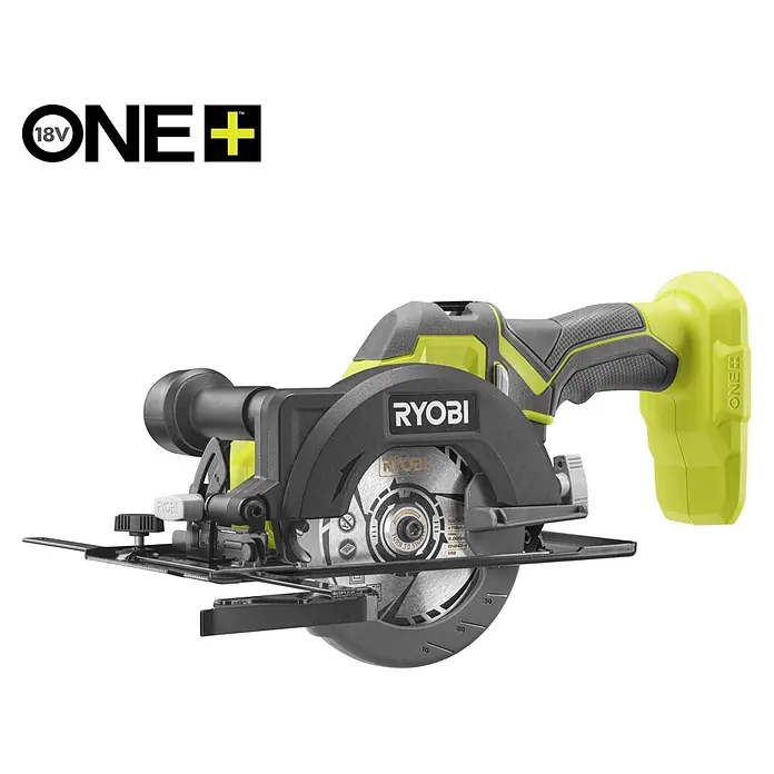 Ryobi ONE+ Akku-Handkreissäge R18CS115 - 18 V, Ohne Akku, Durchmesser Sägeblatt: 115 mm, 5.200 U/min - Ryobi 18V ONE+ Akku-Kreissäge in Limettengrün und Schwarz mit silbernem Sägeblatt und verstellbarer Grundplatte.