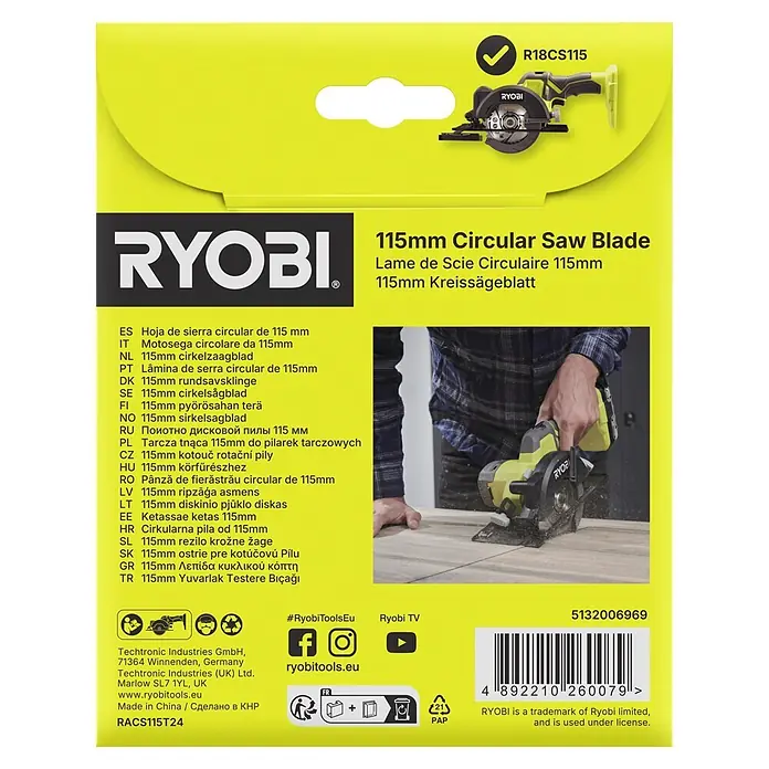 Ryobi Kreissägeblatt RACS115T24 - 115 mm, Anzahl Zähne: 24 Stk. - Ryobi 115mm Kreissägeblatt, mit einer Kreissäge beim Holzzuschnitt gezeigt.