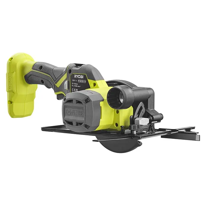Ryobi ONE+ Akku-Handkreissäge R18CS115 - 18 V, Ohne Akku, Durchmesser Sägeblatt: 115 mm, 5.200 U/min - Ryobi 18V ONE+ Akku-Kreissäge in Gelb-Grün und Dunkelgrau, mit 115mm Blatt und ergonomischem Griff.