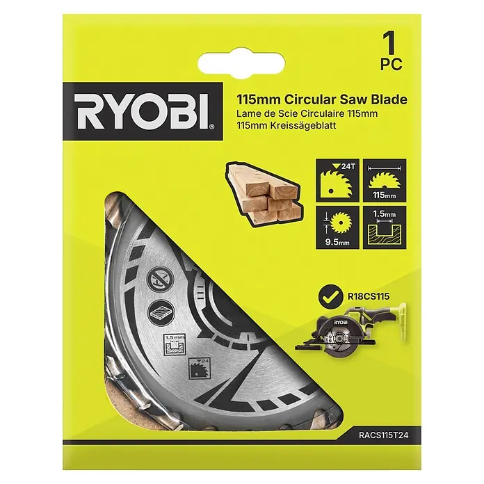 Ryobi Kreissägeblatt RACS115T24 - 115 mm, Anzahl Zähne: 24 Stk. - Ryobi 115mm Kreissägeblatt (24 Zähne) für Holz, in gelb-schwarzer Einzelhandelsverpackung.