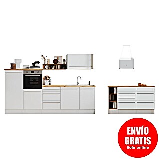 Respekta Cocina de isla Gabriel (Ancho: 290 cm, Blanco, Con campana de isla, Con electrodomésticos)