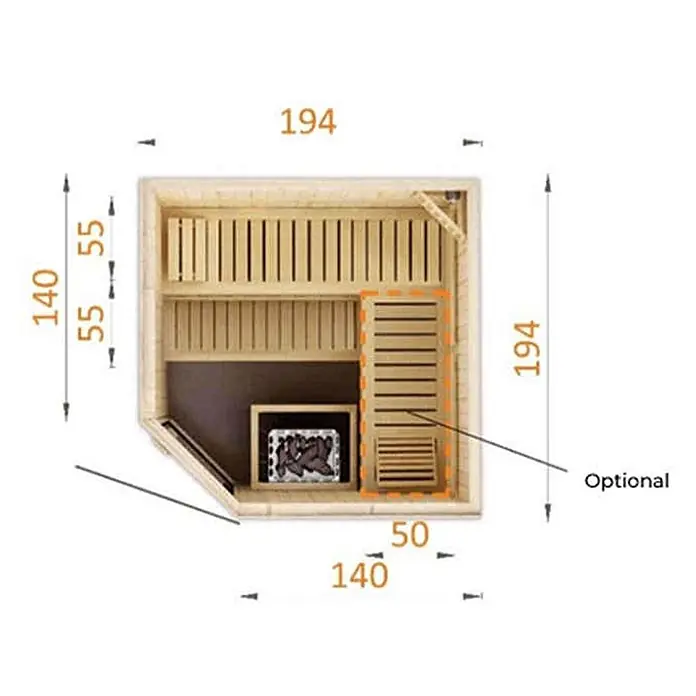FinnTherm Massivholzsauna Corner - L x B x H: 194 x 194 x 199 cm - Sauna-Grundriss, Draufsicht, mit Bänken, Heizung, Maßen und optionaler L-förmiger Bankerweiterung.