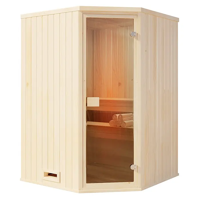 FinnTherm Massivholzsauna Corner - L x B x H: 194 x 244 x 199 cm - Helle Holz-Ecksaunakabine mit klarer Glastür, mit Innenbänken, gerollten Handtüchern und warmem, einladendem Glanz.