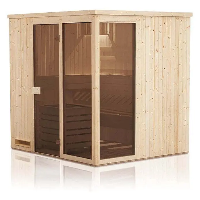 FinnTherm Massivholzsauna Oda - L x B x H: 194 x 194 x 199 cm - Eck-Saunakabine aus hellem Holz mit zwei Glastüren.