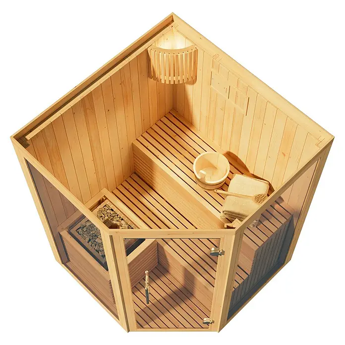 FinnTherm Massivholzsauna Ylva - L x B x H: 141 x 141 x 213 cm - Helle Ecksauna aus Holz mit Glasfront, Sitzbänken, Ofen und Zubehör.