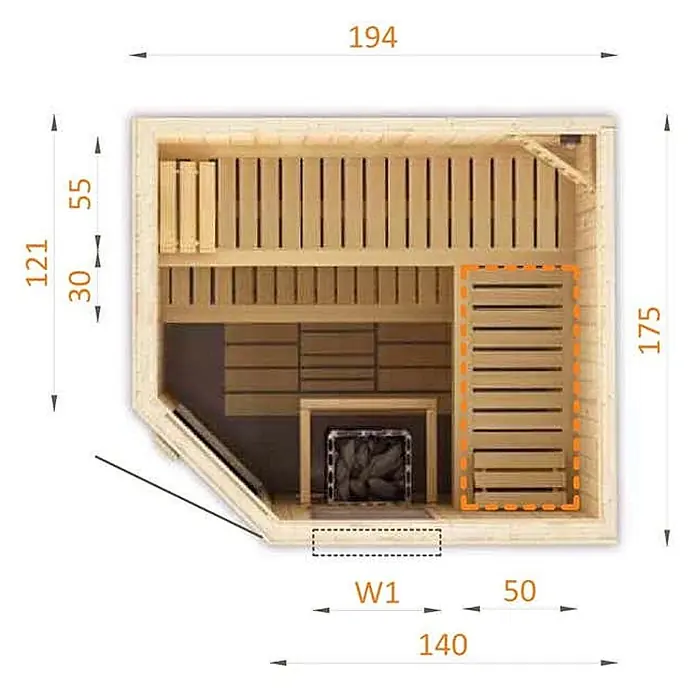 FinnTherm Massivholzsauna Pearl - L x B x H: 175 x 194 x 199 cm - Draufsicht einer hellen Holzsaunakabine mit Innenbänken, Ofen und detaillierten Maßen, einschließlich eines Eckzugangs.