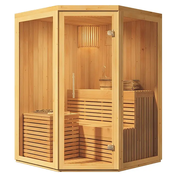 FinnTherm Massivholzsauna Ylva - L x B x H: 141 x 141 x 213 cm - Helle Holz-Ecksauna mit Glastür, Bänken, Eimer, Kelle und Handtüchern. Warmes, einladendes Holzinterieur.