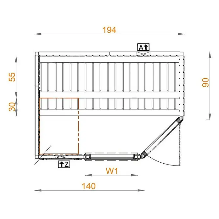 FinnTherm Massivholzsauna Pearl - L x B x H: 144 x 194 x 199 cm - Technische Zeichnung: Grundriss einer Saunakabine mit Innenbänken und Maßen. Zeigt Anordnung, Gesamtbreite 194 und Tiefe 90.