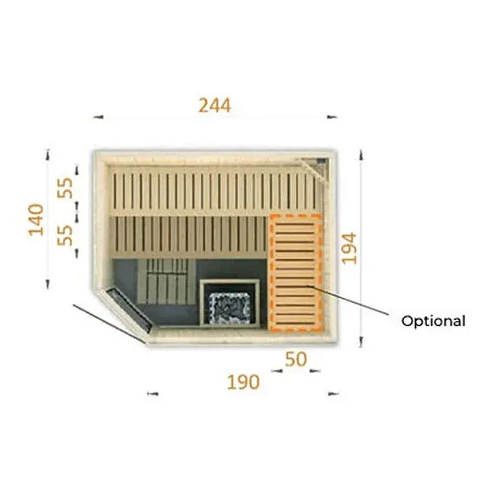 FinnTherm Massivholzsauna Corner - L x B x H: 194 x 244 x 199 cm - Saunagrundriss mit Maßen (244x194 cm), Bänken, Ofen und optionalem Holzelement.