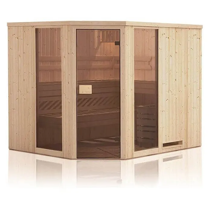 FinnTherm Massivholzsauna Family -  - Ecksaunakabine aus hellem Holz mit dunkel getönter Glastür und -paneelen, mit sichtbaren Innenbänken.