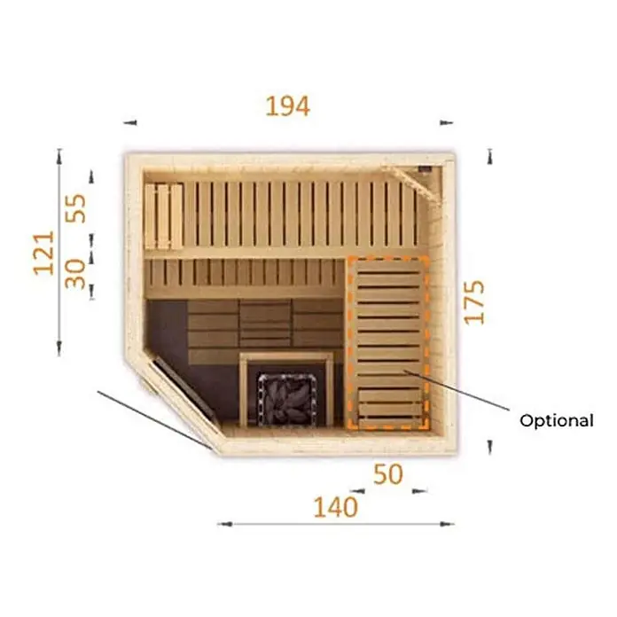 FinnTherm Massivholzsauna Corner - L x B x H: 175 x 194 x 199 cm - Draufsicht einer hellen Holzsauna mit Bänken, Ofen und Maßen; ein optionales Lamellenpaneel ist hervorgehoben.