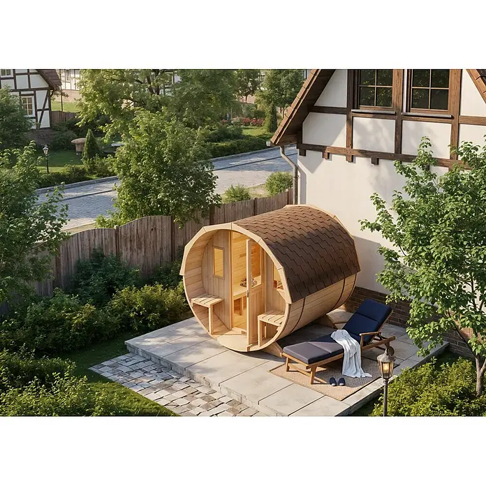 FinnTherm Fasssauna Sam - Holz, L x B x H: 280 x 22 x 231 cm - Hölzerne Fasssauna mit Schindeldach und offener Tür auf einer Terrasse mit Liegestuhl.