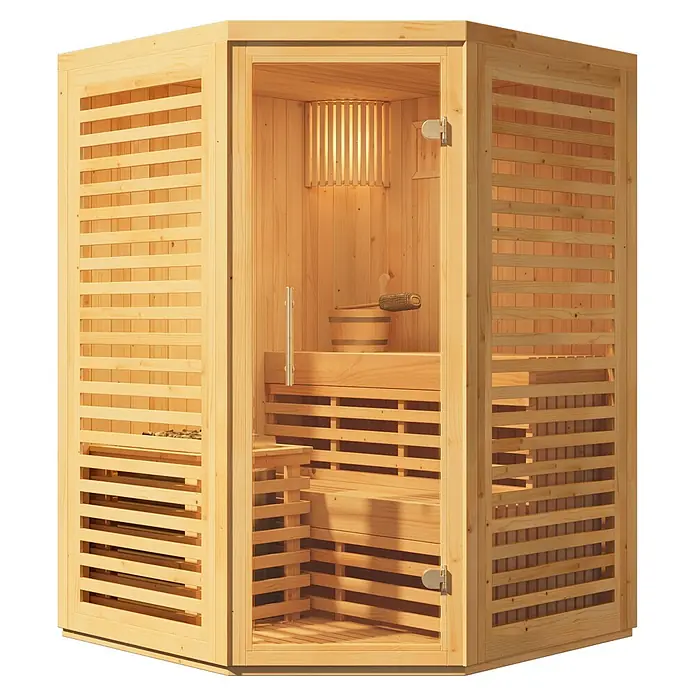FinnTherm Massivholzsauna Svala -  - Helle Holz-Ecksaunakabine mit Glastür, Bänken, Eimer und Kelle.