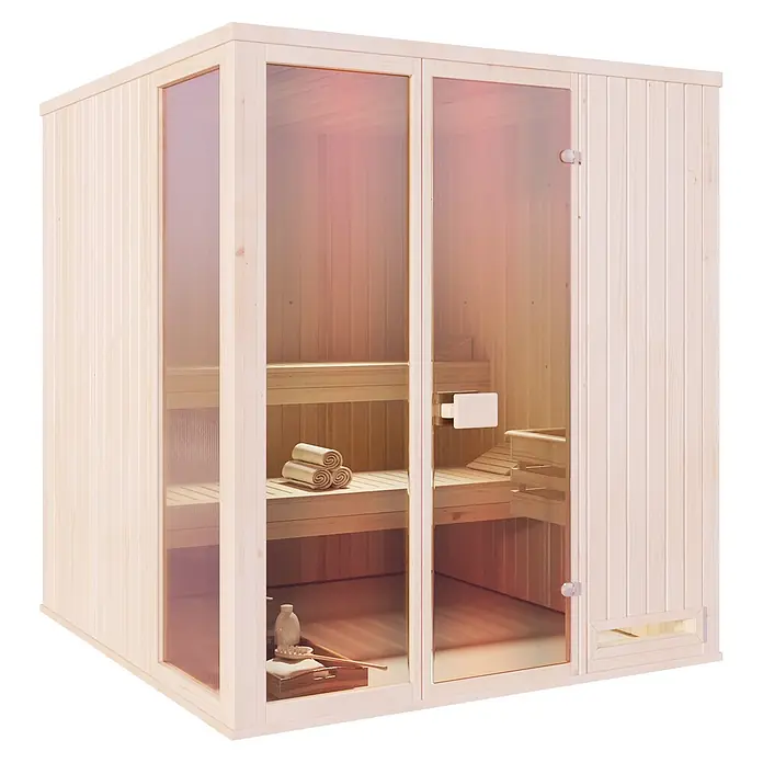 FinnTherm Massivholzsauna Oda - L x B x H: 175 x 194 x 199 cm - Helle Holzsauna mit Glastüren, Innenbänken und gerollten Handtüchern.