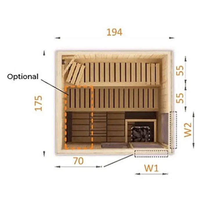 FinnTherm Massivholzsauna Oda - L x B x H: 175 x 194 x 199 cm - Draufsicht auf eine helle Holzsauna mit zweistufigen Bänken, Heizung und optionaler Sitzerweiterung, inklusive Maßen.