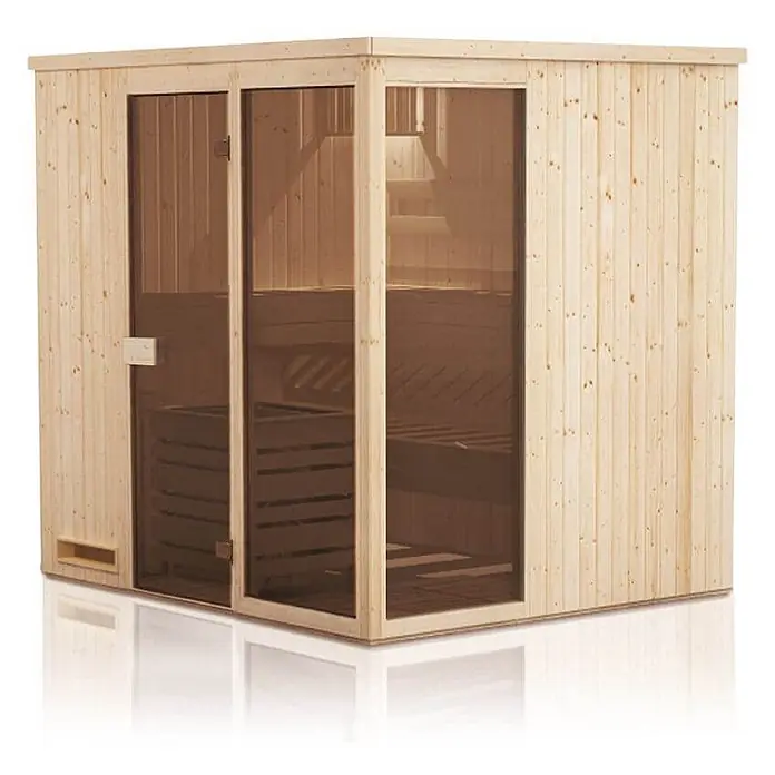 FinnTherm Massivholzsauna Oda - L x B x H: 175 x 194 x 199 cm - Kompakte Holzsaunakabine aus hellem Holz mit großer, dunkel getönter Glastür und Eckscheiben, die Innenbänke zeigen.