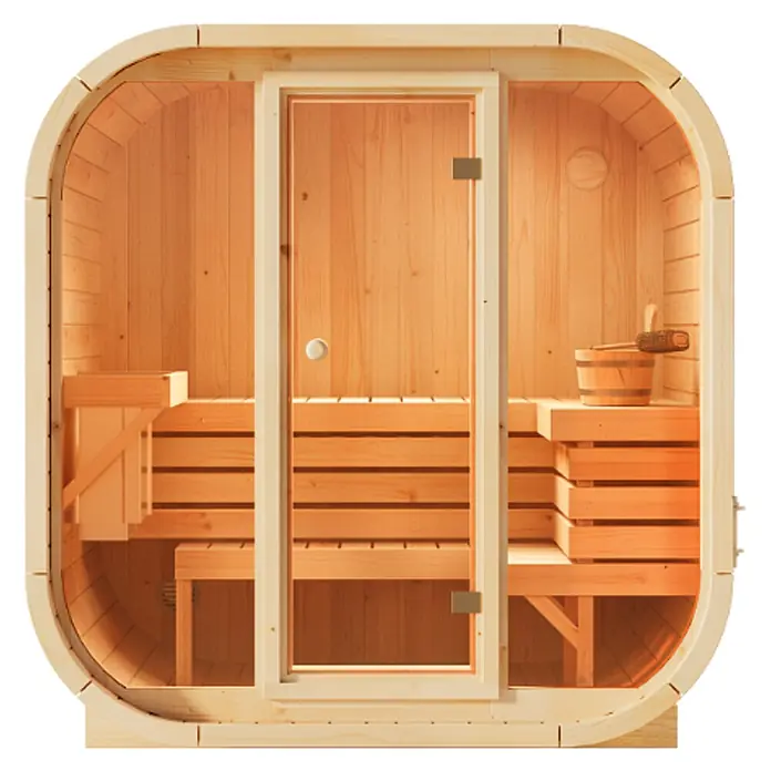 FinnTherm Massivholzsauna Ellipso M -  - Runde helle Holzsaunakabine mit Innenbänken, Glastür und Eimer.