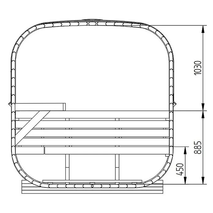 FinnTherm Massivholzsauna Ellipso M -  - Technisches Schnittbild einer hölzernen Fasssauna mit zwei Sitzbänken und Maßangaben.