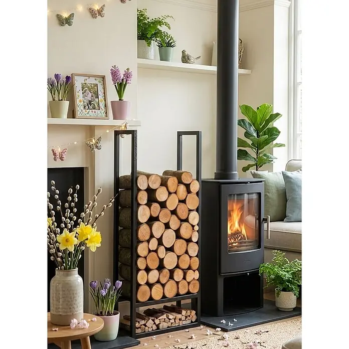 Bene on Fire Kaminholzregal Missouri - 20 x 20 x 120 cm, Stahl, schwarz - Schwarzes Metall-Holzregal mit sauber gestapeltem Brennholz neben einem modernen Kaminofen im Wohnzimmer.