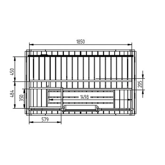 FinnTherm Massivholzsauna Ellipso M -  - Technische Zeichnung eines Sauna-Innenraums mit Bänken und Maßen.