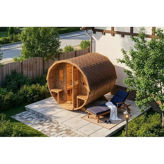 FinnTherm Fasssauna Sam - Holz, L x B x H: 280 x 22 x 231 cm - Holzfasssauna mit Schindeldach auf einer Terrasse, neben einer Liege.