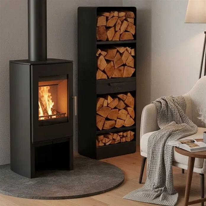 Bene on Fire Kaminholzregal Oregon - 30 x 30 x 120 cm, Stahl, schwarz - Schwarzer Kaminofen mit Flammen und passendem hohen Holzregal, gefüllt mit Brennholz, schafft eine gemütliche Atmosphäre.