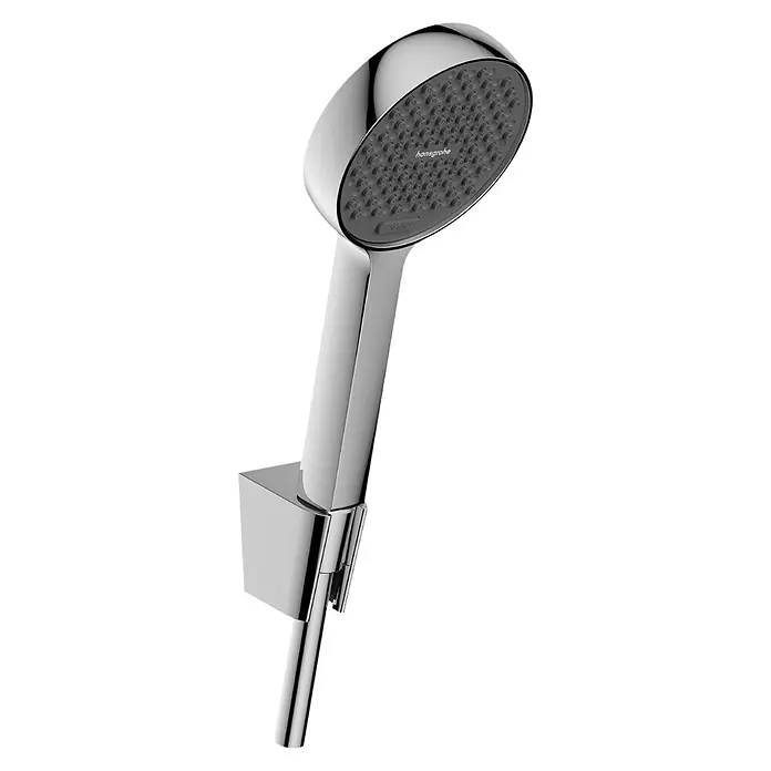 Hansgrohe Set de ducha Activera - Número de tipos de chorro: 2 ud., Cromo - Ducha de mano cromada con cara de boquilla gris oscuro y soporte de pared a juego.