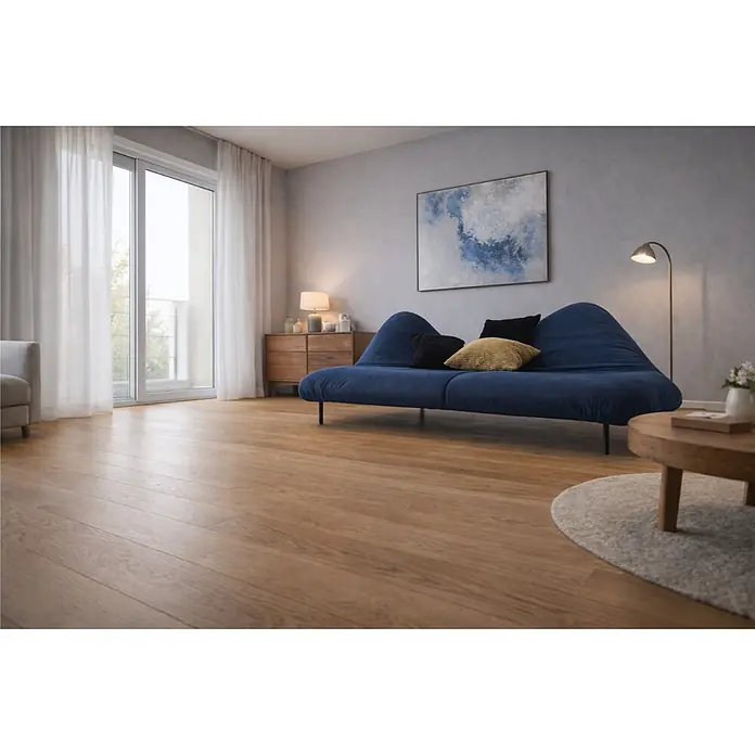 Parkett - Eiche Gobi, 2.200 x 260 x 15 mm - Helle Holzfußbodendielen in einem hellen Wohnzimmer, die eine warme, moderne Grundlage bieten.