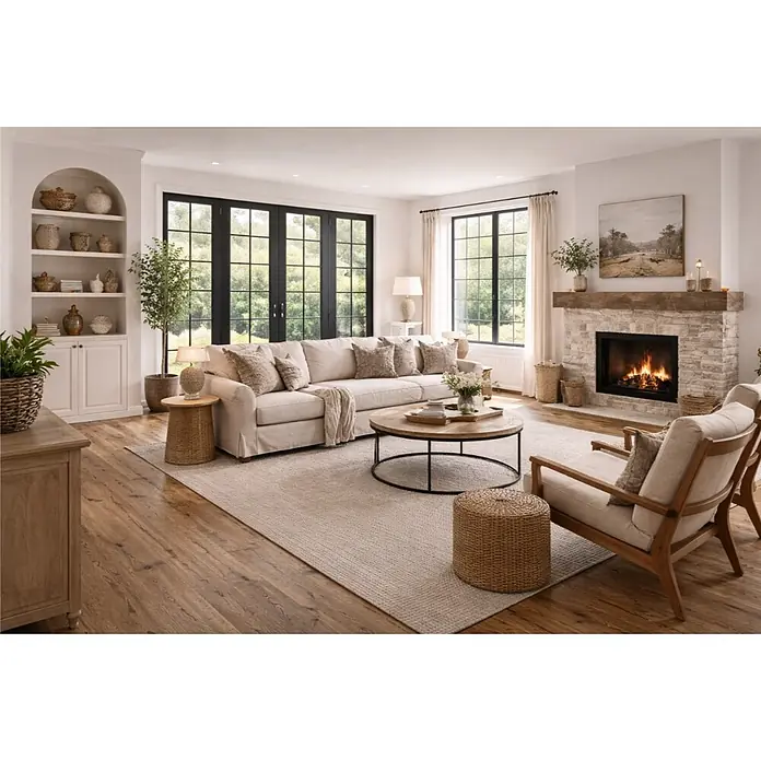 Parkett - Eiche Bernau, Landhausdiele, 1.900 x 190 x 14 mm - Gemütliches Wohnzimmer mit hellem Sofa, Holztisch und Naturakzenten. Große Fenster blicken auf einen grünen Garten.