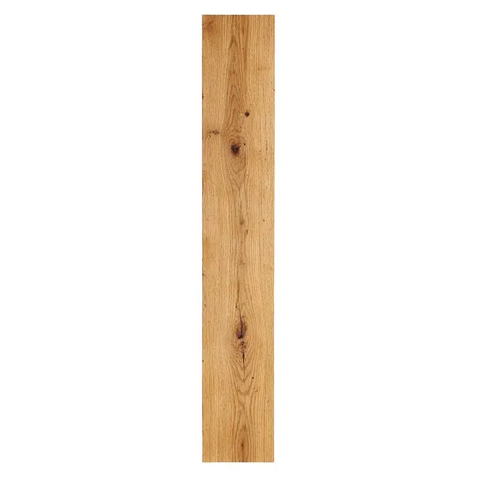 Parkett - Eiche Bamberg, 1.900 x 240 x 14 mm - Helles Holzbrett mit natürlicher Maserung und dunklen Ästen.