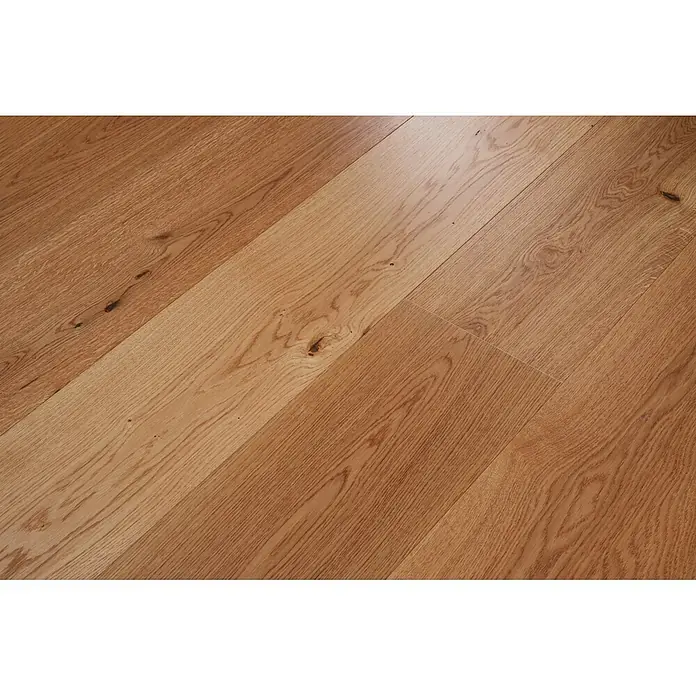 Parkett - Eiche Trondheim, 1.900 x 240 x 14 mm - Helle, natürliche Eichenholz-Dielen mit sichtbarer Maserung und Ästen.