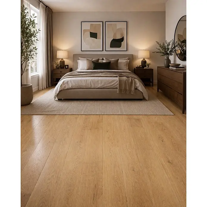 Parkett - Eiche Trondheim, 1.900 x 240 x 14 mm - Helle braune Holzfußbodendielen in einem modernen Schlafzimmer mit Teppich unter dem Bett.