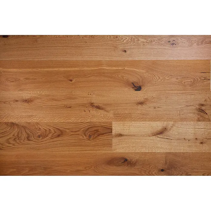 Parkett - Eiche Bamberg, 1.900 x 240 x 14 mm - Eichenholzparkett mit Maserung und Ästen in warmen Honigtönen.