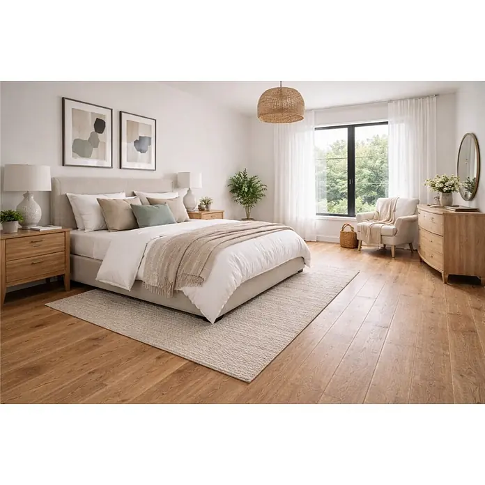Parkett - Eiche Como, Landhausdiele, 1.900 x 190 x 14 mm - Helles Schlafzimmer mit hellbeigem Polsterbett, Naturholzmöbeln und weichen Textilien, die eine ruhige Atmosphäre schaffen.