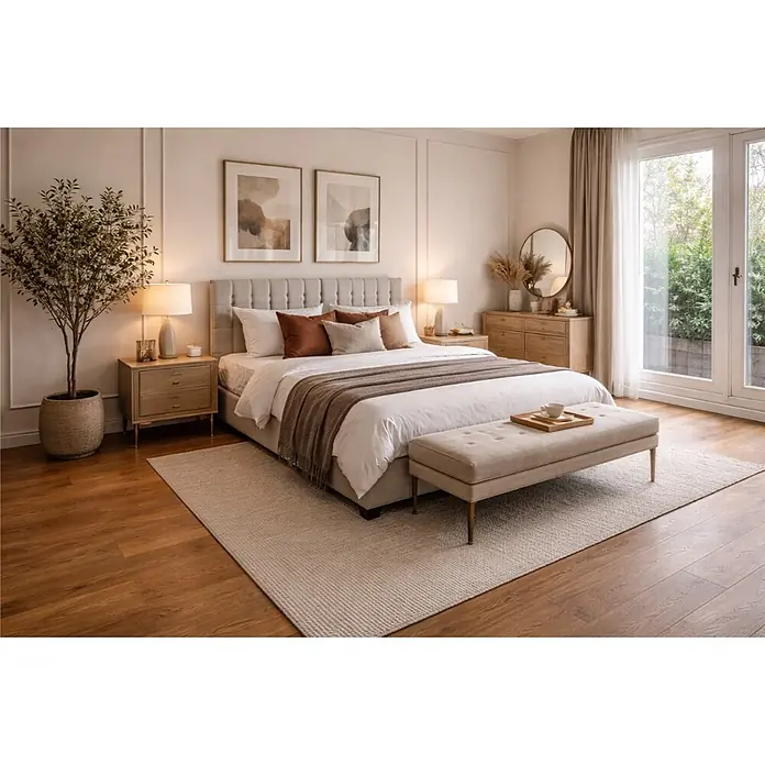 Parkett - Eiche Trier, Landhausdiele, 1.900 x 190 x 14 mm - Elegantes Schlafzimmer mit hellgrauem Polsterbett, weißer Bettwäsche, rostfarbenen Akzenten und beigefarbenem Teppich auf Holzfußboden.