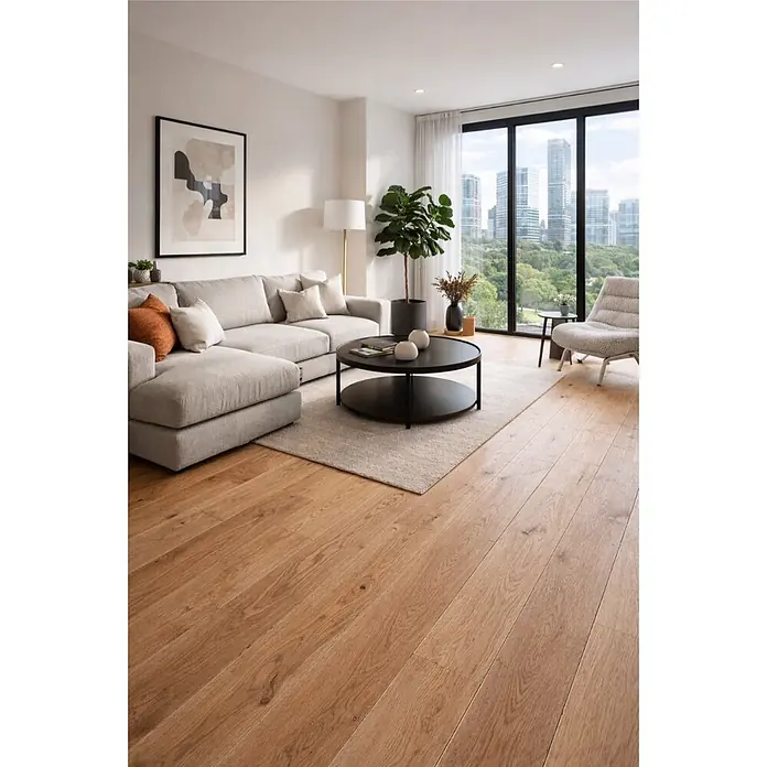 Parkett - Eiche Como, Landhausdiele, 1.900 x 190 x 14 mm - Helle, braune Holzdielen erstrecken sich durch ein modernes Wohnzimmer mit Sofa und großem Fenster.