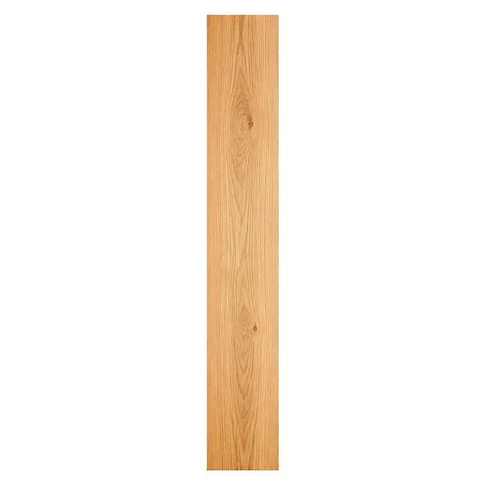 Parkett - Eiche Trondheim, 1.900 x 240 x 14 mm - Helle, braune Holzplatte mit natürlicher Maserung und zwei Ästen.