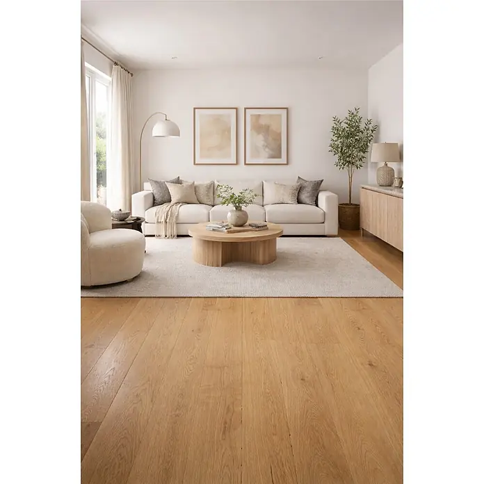 Parkett - Eiche Trondheim, 1.900 x 240 x 14 mm - Ein helles, neutral getöntes Wohnzimmer mit weißem Sofa, rundem Holztisch und hellem Teppich auf hellem Parkettboden.