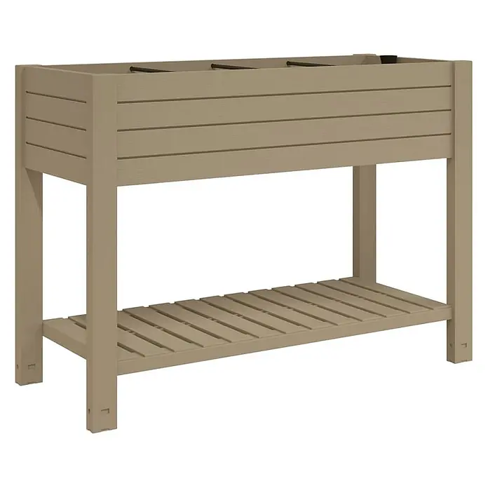 Furnicato Hochbeet - 110 x 45 x 79 cm, Kunststoff, Hellbraun - Hellbraunes Hochbeet mit einer Lattenablage darunter.